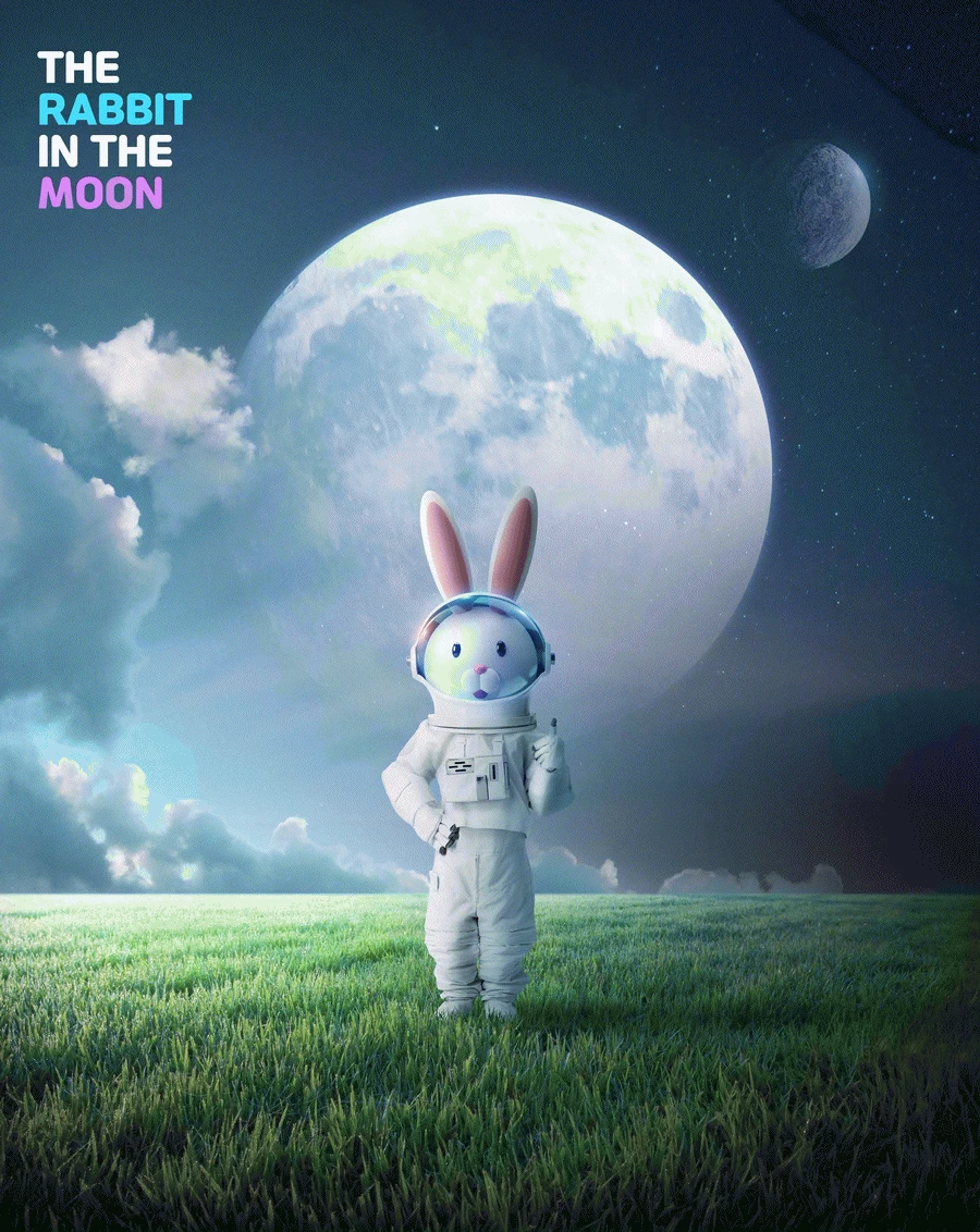 卡通趣味兔年宇航员宇宙星球兔子主视觉KV海报PSD分层设计素材【008】